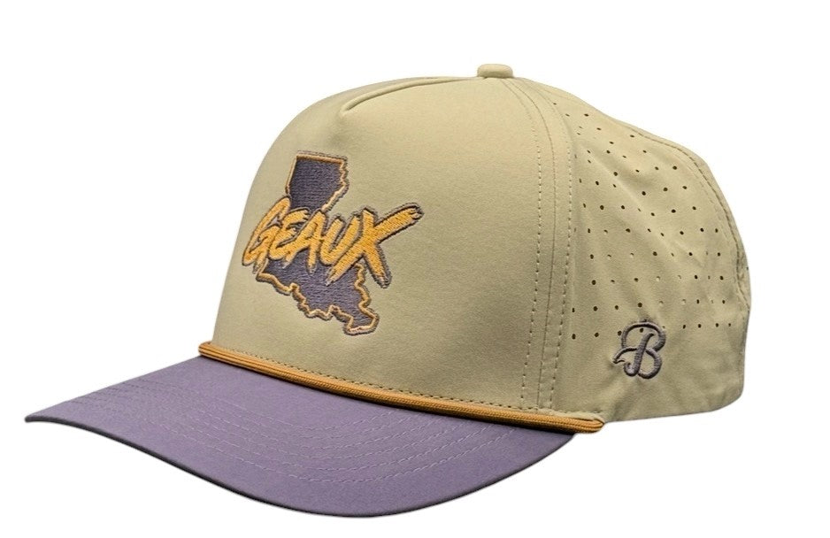 Bayou Brims Geaux Louisiana Tan Hat with Purple Brim and Gold Rope