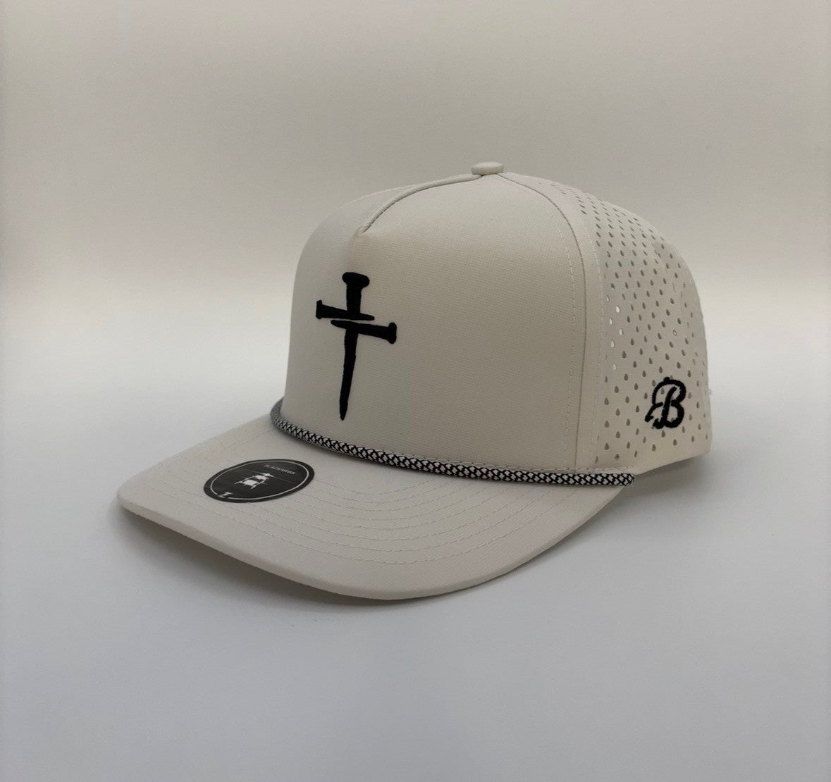 3D Puff Nail Cross Embroidered Hat Black Cross and Black and White Rope