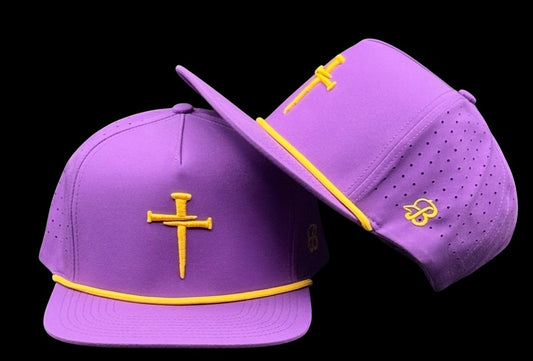 3D Puff Nail Cross Embroidered Hat Purple and Gold - SOLD OUT WE ARE ORDERING MORE