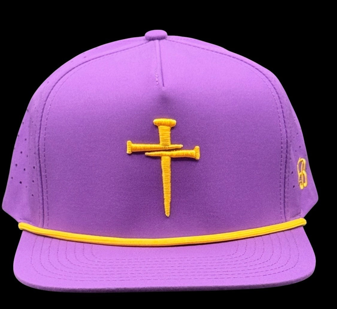 3D Puff Nail Cross Embroidered Hat Purple and Gold - SOLD OUT WE ARE ORDERING MORE